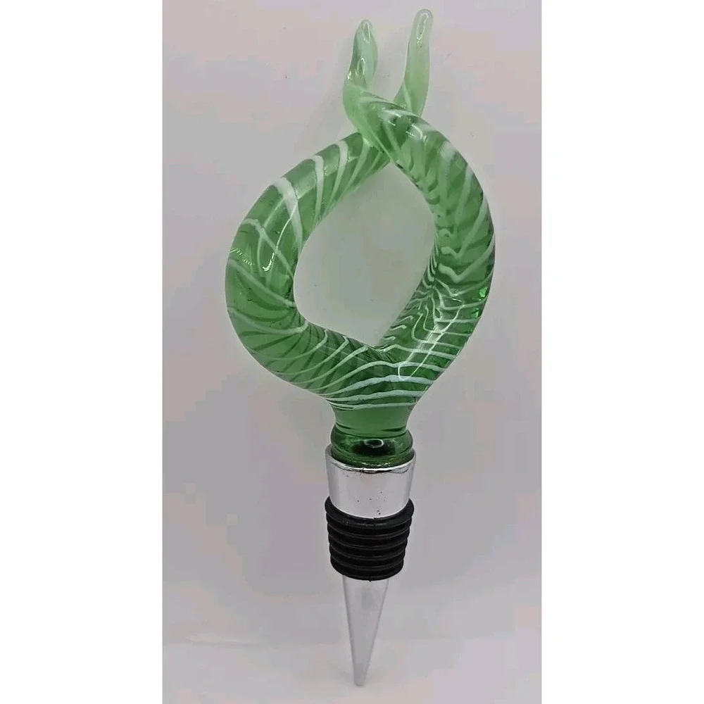 BEAUTIFUL Glass Wine Bottle Stopper Abstract Green‎ & White Tentacles Barware